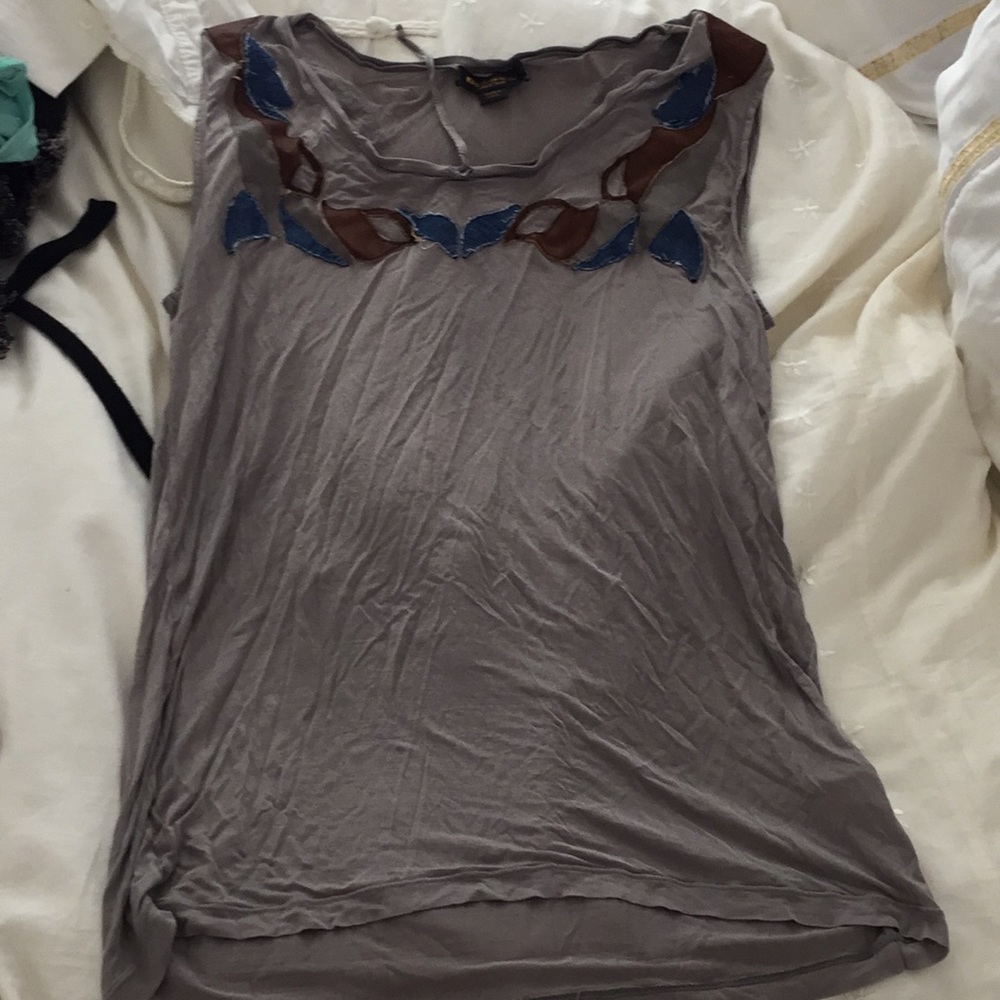 Gray cotton tunic top with leather and jean detail